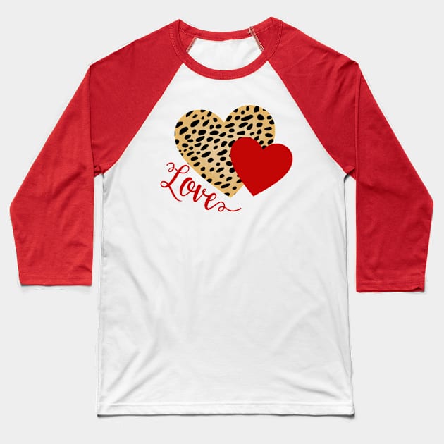 Red and Cheetah Pattern Hearts with Love Text Baseball T-Shirt by RageRabbit